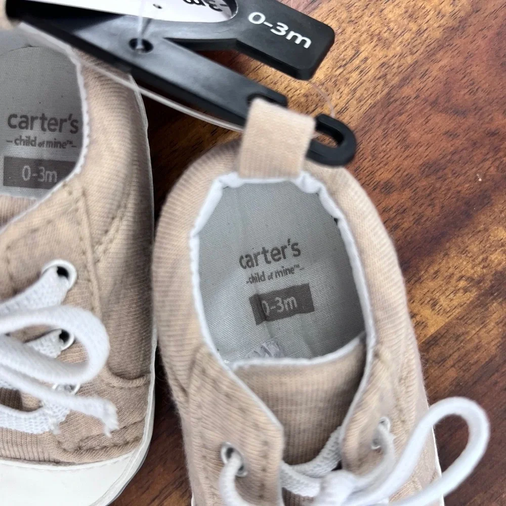 Carter's Child of Mine Crib Shoes Baby Boy 0-3m Tan Lace Up Soft Sole Sneakers